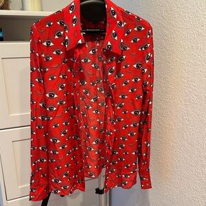 Alice + Olivia Red Eye-Print Long-Sleeve Blouse